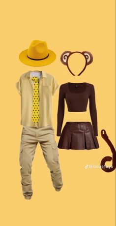 two people wearing different outfits and hats, one with a yellow tie the other brown