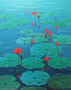 red water lilies are in the middle of lily pads on blue water with green leaves