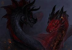 two red and black dragon facing each other in front of a dark background with fire