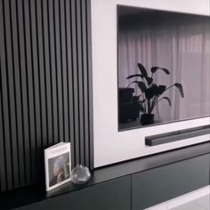 a black and white living room with a plant on the wall next to a tv