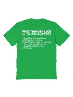 COMFY & COOL: Haywood & Main offers graphic shirts made of materials that are durable, comfortable, and easy to care for. Whether you're looking for a funny, inspirational, or pop-culture-inspired graphic shirt, we've got you covered.Haywood & Main Five Things Running 1 Graphic Unisex Cotton Short-Sleeve T-Shirt Green Casual  Short Sleeve Cotton   Medium Stretch  Men Clothing, size features are:Bust: ,Length: ,Sleeve Length: Green Crew Neck Novelty Top, Green Novelty Graphic Print Top, Green Graphic Print Novelty Top, Novelty Cotton Tops With Text Print, Cotton Novelty Top With Text Print, Green Novelty T-shirt With Graphic Print, Novelty Green T-shirt With Graphic Print, Green Novelty Crew Neck T-shirt, Green Crew Neck Novelty T-shirt