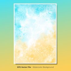 a blue and yellow watercolor background with white swirls on the bottom, in an abstract