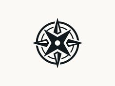 a black and white compass logo on a white background