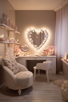 a white chair sitting next to a desk in a room with lights on the wall