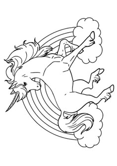 a unicorn flying through the sky with clouds and rainbows in its mouth coloring page