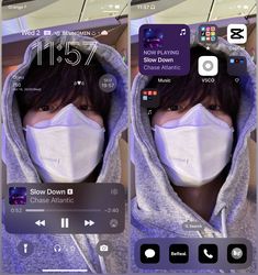 two photos of a person wearing a face mask on their cell phone with the same screen