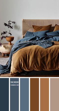 a bedroom with brown and blue colors in the bedding, along with two vases