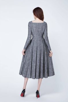 "Oh-so easy + breezy in this linen midi dress from Xiaolizi. In a long sleeves silhouette with a fitted waist. The grey dress topped with a square-neckline. The casual spring dress finished with a midi-length skirt with pleated detailing. Details * Linen blend * 50% linen , 50% cotton blend * Classic and beautiful color * Fitted waist to show off your curves * Square neckline * Long sleeves * No pockets * Side zipper in the right side * Pleated on the waist * Below knee length * Wash by hand or Spring Linen A-line Midi Dress, Pleated Linen Knee-length Dress, Linen Midi Maxi Dress For Fall, Knee-length Pleated Linen Dress, Fall Linen Midi Maxi Dress, Fall Midi-length Linen Dress, Fall Linen Midi Dress, Spring Linen Pleated Midi Dress, Spring Pleated Linen Midi Dress