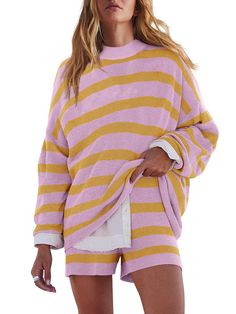 PRICES MAY VARY. LOUNGEWEAR SET-The soft, warm knit fabric of these lounge sets for women makes pajamas for women set ideal for layering or wearing on their own. Two piece loungewear sets are incredibly comfortable and fashionable SWEATER SET-The top of the casual outfits for women features a scoop neck, dropped shoulders, dolman sleeves, and an oversized style. Womens trousers of lounge sets for women 2 piece with a ribbed waistband and effortless pull-on style SIZE-This womens loungewear set i Cropped Pullover, Matching Pajamas, Sweater Set, Lounge Sets, Striped Sweater, Look Cool, Haiti, Striped Long Sleeve, Stripe Sweater