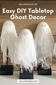 Looking for a fun and spooky addition to your DIY Halloween decor? These DIY tabletop ghosts are just what you need! They're super easy to make and will look great on your Halloween mantel, as centerpieces, or in any room. Check out the full Halloween craft tutorial! DIY Halloween decorations indoor