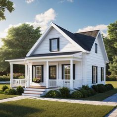 a small white house with black shutters on the front and side windows, porches, and steps