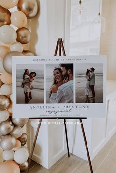 an easel with balloons in the background and two photos on it