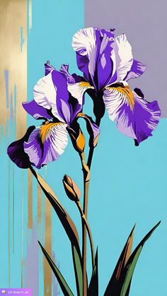 a painting of purple and white irises against a blue, yellow, and pink background