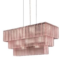 a large pink chandelier hanging from a ceiling fixture with three lights on each side