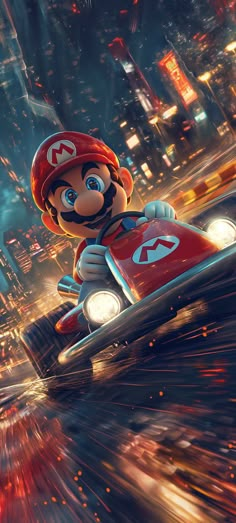 mario kart is driving through the city at high speed on his car in mario kart