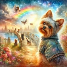 a painting of a dog on a bridge