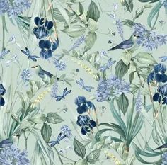 a blue and green floral wallpaper with birds, flowers and butterflies on the background