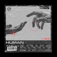 an advertisement for human exchange with two hands reaching out to each other in front of a black and white background