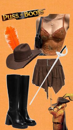 an image of a woman's outfit with boots, hat and feather on it