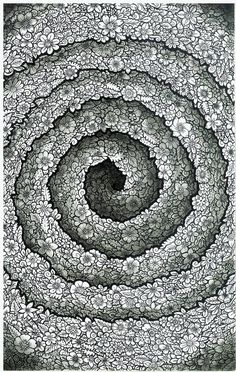 an abstract black and white painting with lots of circles