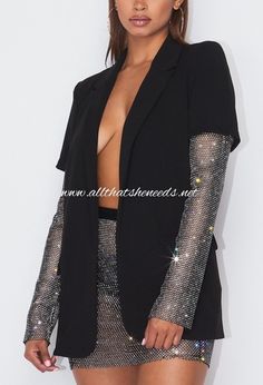 Rhinestone sleeve blazer, No button closure 95% Polyester, 5% Spandex Lining 100% Polyester Mesh Outfit Ideas, Edge Outfits, Rhinestone Sleeves, Chunky Platform Shoes, Mesh Outfit, Edgy Woman, Edgy Fashion Outfits, Fishnet Dress, Risk Taker