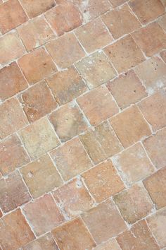 an orange and white cat laying on top of a brick floor