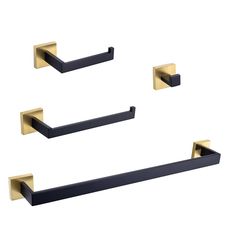 three black and gold bathroom accessories on a white background