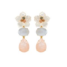 These flower earrings exude enchanting glamour with faceted mother of pearl flowers, chalcedony, and rose quartz set in a 14k gold-plated brass setting. They can be worn in four different ways, either with one or both dangles, or just the cluster buttons on their own. Any of these looks would be a reflection of good taste. SKU: SFEC-1D-2 Mother of Pearl, Chalcedony & Rose Quartz Convertible Earrings Semi Precious Stones Measures 2 3/4"l X 1" Material: 14K gold plated brass Availble in Clip on, B Exquisite Chandelier Earrings For Evening, Modern White Clip-on Jewelry, Luxury White Linear Earrings Gift, Elegant Dangle Clip-on Flower Earrings, Elegant Clip-on Dangle Flower Earrings, White Fine Jewelry Style Clip-on Earrings, Luxury Bridal Clip-on Drop Earrings, Elegant Pink Linear Drop Earrings, Handmade Luxury Bridal Earrings