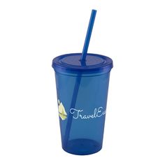 a blue tumbler cup with a straw in it and the words travel blvd