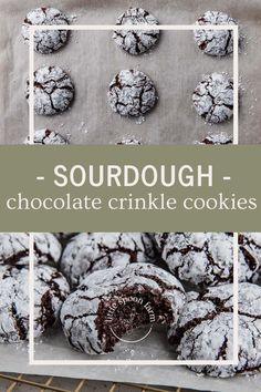 chocolate crinkle cookies on a cooling rack with text overlay that reads sourdough chocolate crinkle cookies