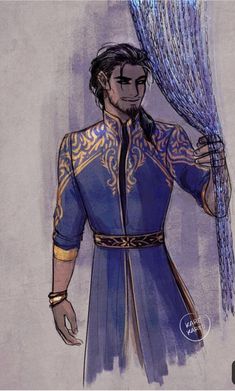 a drawing of a man with long hair and blue dress holding a large feather in his hand