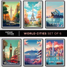 the world cities set of 6 posters are shown in four different styles and sizes, including one