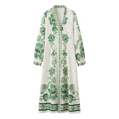 F00268229-104 White Long Midi Dress For Spring, Green Long Sleeve Midi Dress For Beach, White Long Sleeve Dress With Floral Print For Spring, White Long Sleeve Maxi Dress For Spring, Green Long Sleeve Midi Dress For Vacation, White Long Sleeve Floral Dress For Fall, Green Long Floral Print Dress, Long Green Floral Print Dresses, Loose Long Sleeve Dress