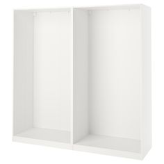 an empty white closet with two shelves on each side and one door open to the other