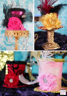 four different hats with feathers and jewels on them, all in various colors or designs