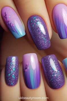 Nail Ideas Simple Almond, Coffin Shape Acrylic Nails, Purple Nail Colors, Shape Acrylic Nails, Purple And Silver Nails, Purple Nail Art Designs, Nail Ideas Simple, Purple Glitter Nails