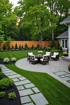 an outdoor patio with seating and landscaping