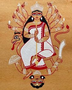 Durga Pattachitra Painting, Bengal Patachitra Paintings, Durga Maa Folk Art, Bengali Durga Painting, Durga Kalighat Painting, Patachitra Paintings Folk, Durga Puja Sketch, Drawing On Durga Puja, Durga Ji Painting