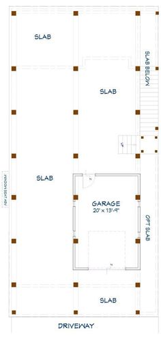 the floor plan for a garage with stairs and an attached living room, which is also in