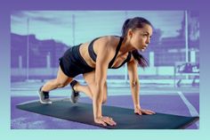 a woman is doing push ups on a mat in the middle of an empty parking lot