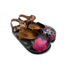 Pink, White, Orange Flowers and Blue, Green Leaf Patterned Clogs - CAL – Calceo.co Hippie Shoes, Oxford Heels, Heel Slippers, Shoe Art, Long Boots, Green Leaf, Artificial Leather, Orange Flowers, Handmade Shoes