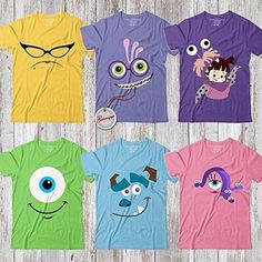 six t - shirts with cartoon characters on them, all in different colors and sizes