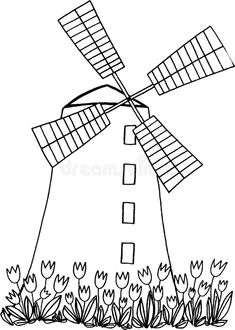 a black and white drawing of a windmill in the grass with tulips around it