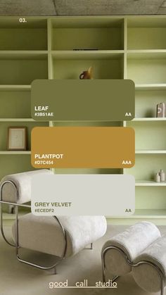 the color scheme for this room is green and brown, with white furniture in it