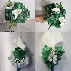 four different pictures of flowers and leaves on the same bouquet as they are being made