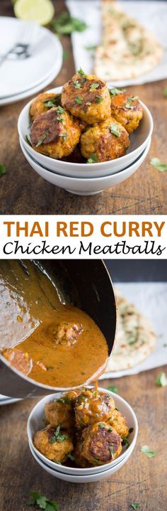 there is a plate with some meatballs in it and the words thai curry chicken meatballs