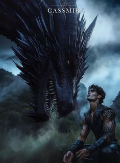 a man sitting next to a large black dragon