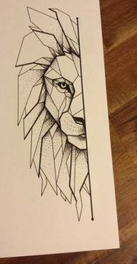 a drawing of a lion's head with geometric lines on paper next to a pen