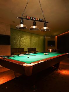 a pool table with three lights hanging from it