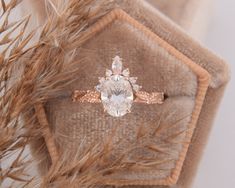 an engagement ring with a center diamond surrounded by brown grass and dry grasses in the foreground